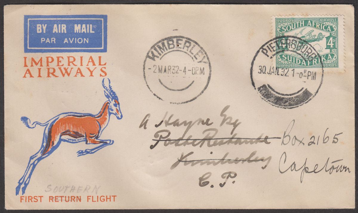 South Africa 1932 KGV 4d Imperial Airways First Flight Cover Pietersburg - Kimbe