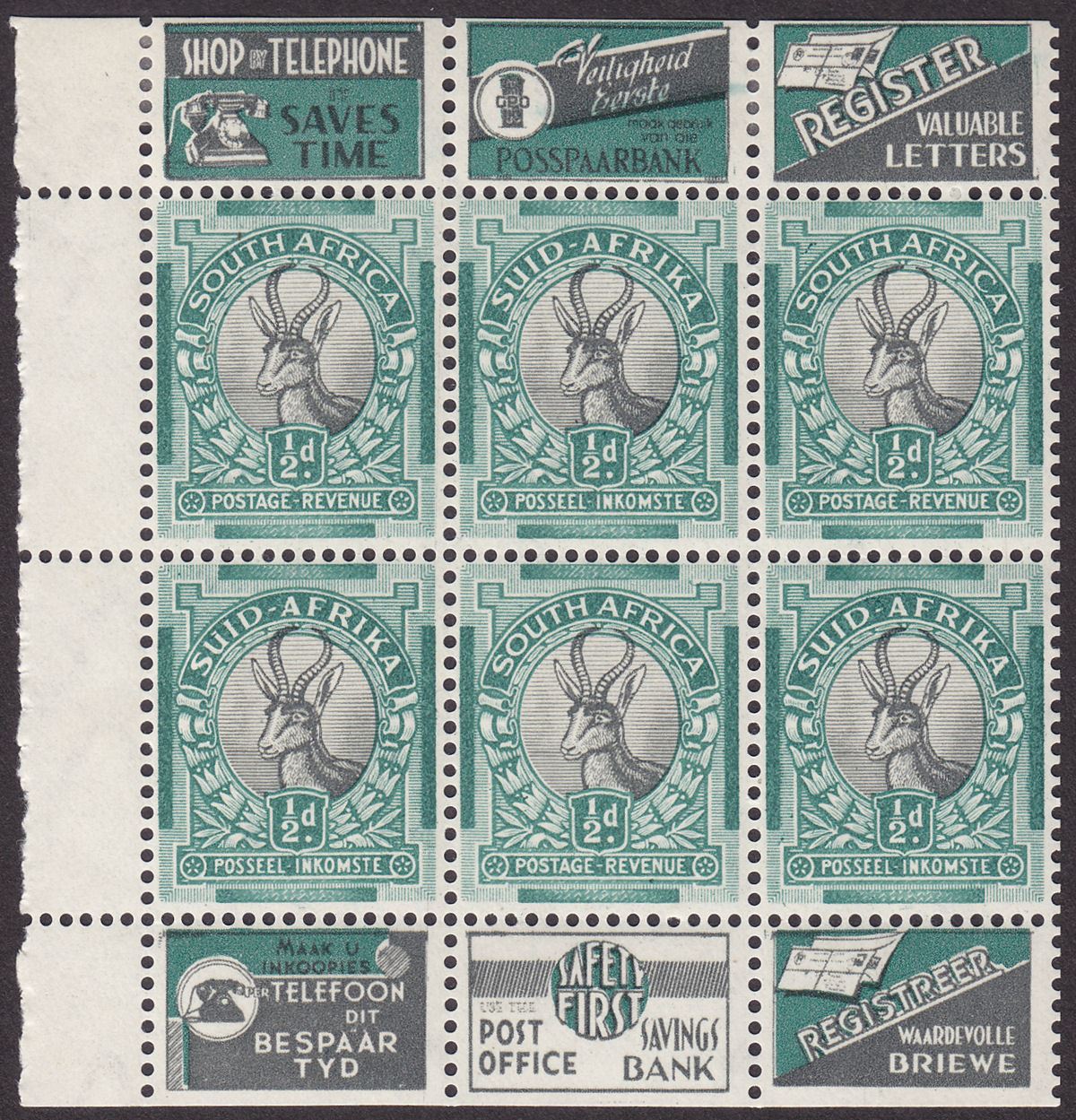 South Africa 1935 KGV Springbok ½d Booklet Pane with Adverts Mint SG54c cat £32