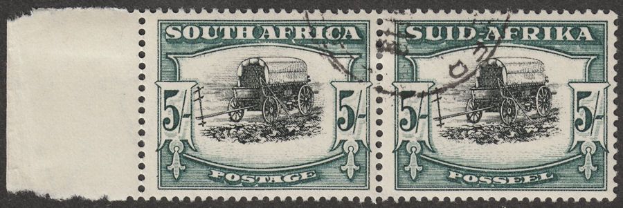 South Africa 1933 KGV Ox-Wagon 5sh Black and Green Pair Used SG64