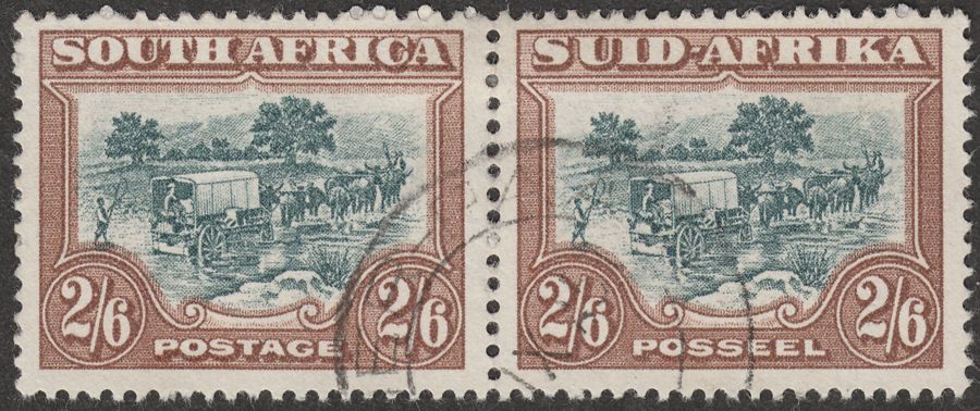 South Africa 1949 KGVI Ox-Wagon 2sh6d Green and Brown Pair Used SG121