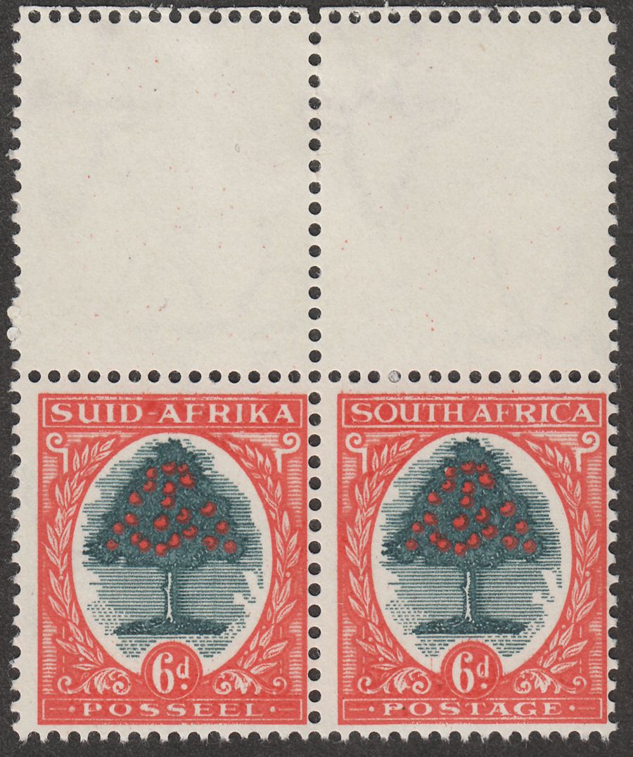 South Africa 1946 KGVI Orange Tree 6d Green + Red-Or Type III Pair Mint SG61d