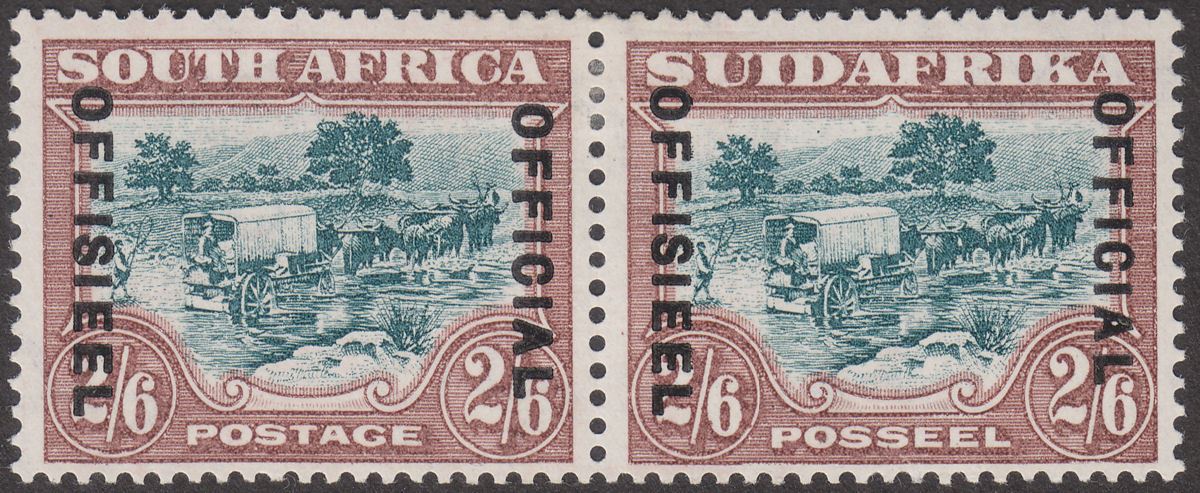 South Africa 1934 KGV 2sh6d Grn + Brn Official 21mm Overprint Pair Mint SG O18a