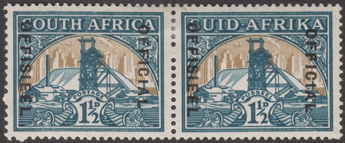 South Africa 1941 KGVI Mine 1½d Dull Gold Official Opt Pair Mint SG O22b cat £50