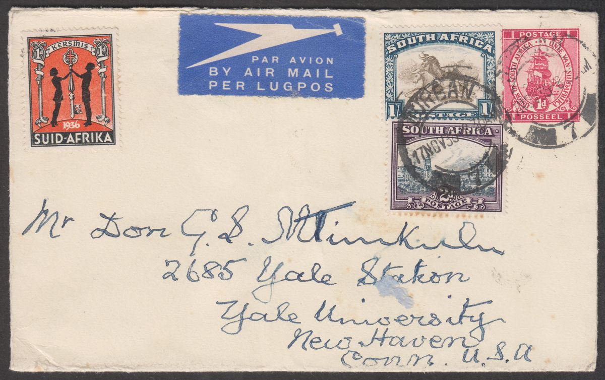 South Africa 1936 KGV 1sh, 2d Uprating 1d PS Airmail Cover to USA w Christmas 1d