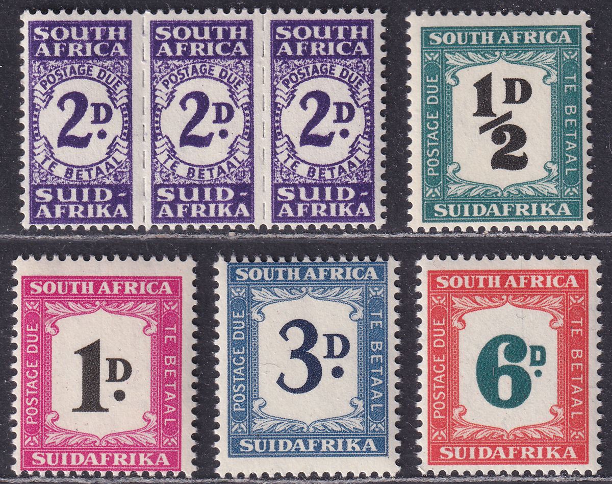 South Africa 1943-49 KGVI Postage Due 2d Triplets, ½d, 1d, 3d, 6d Mint cat £80