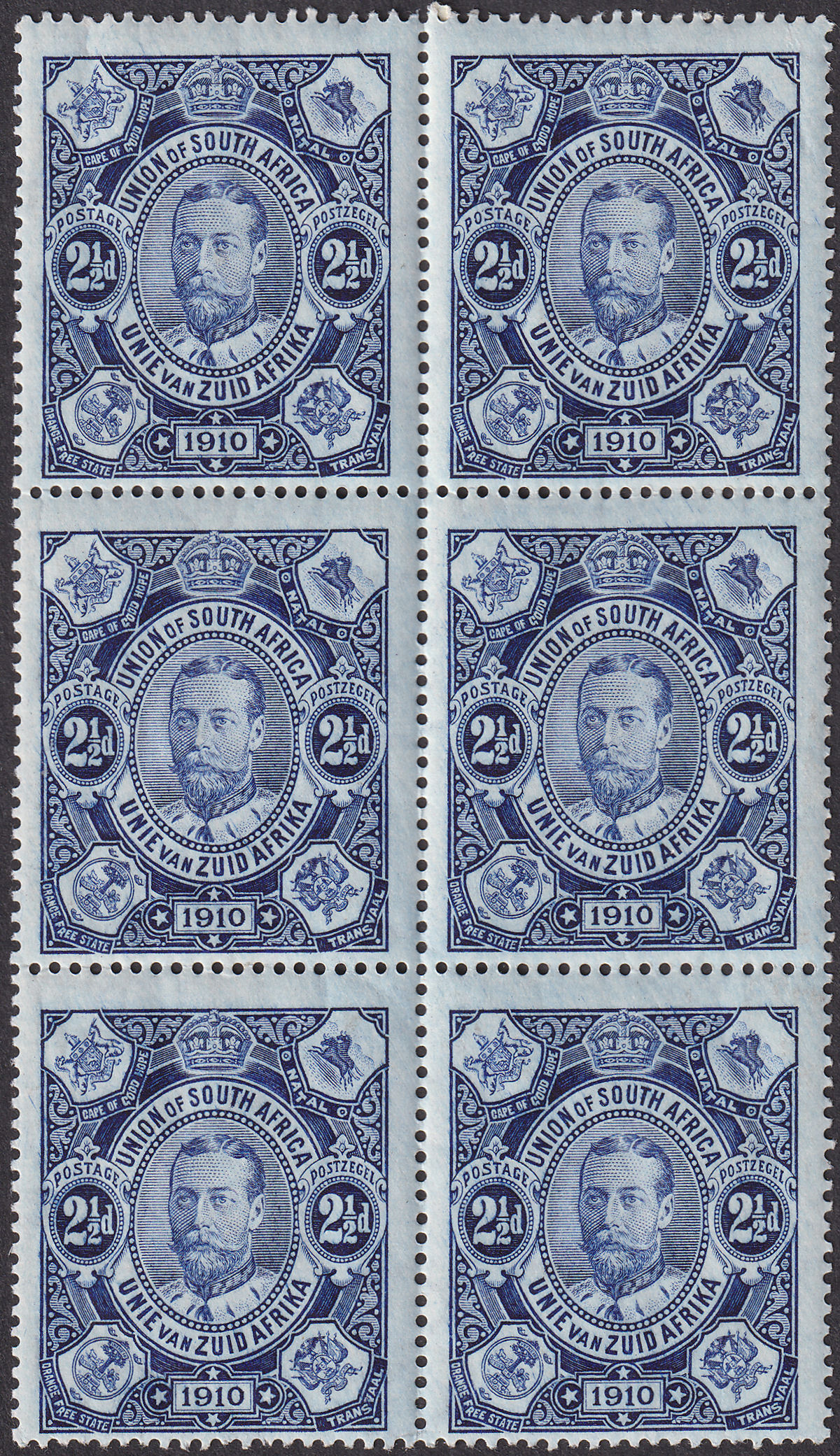 South Africa 1910 Opening of Union Parliament 2½d Deep Blue Block of 6 Mint SG1