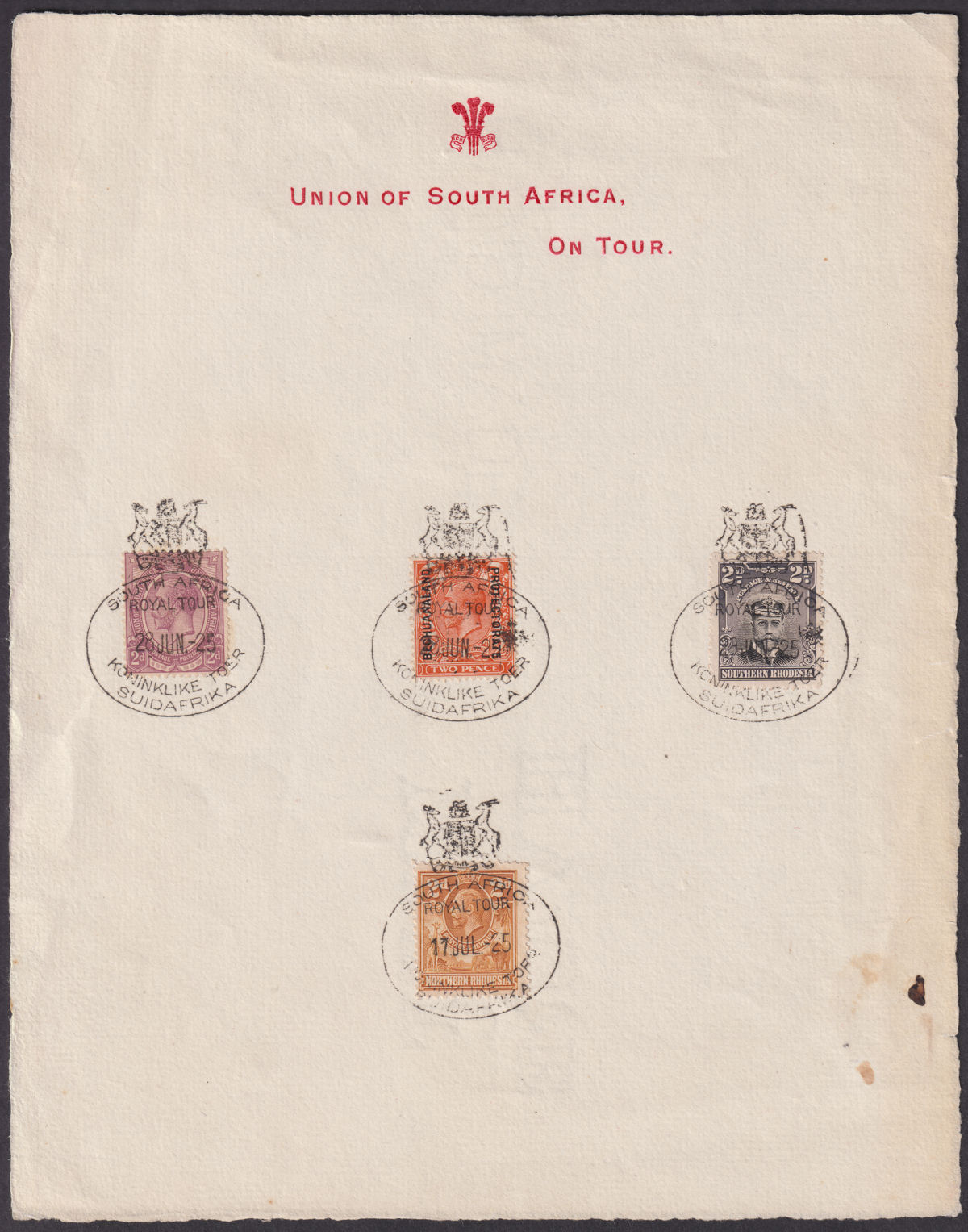 South Africa 1925 KGV Bechuanaland, N Rhodesia S Rhodesia 2d Used ROYAL TOUR Pmk
