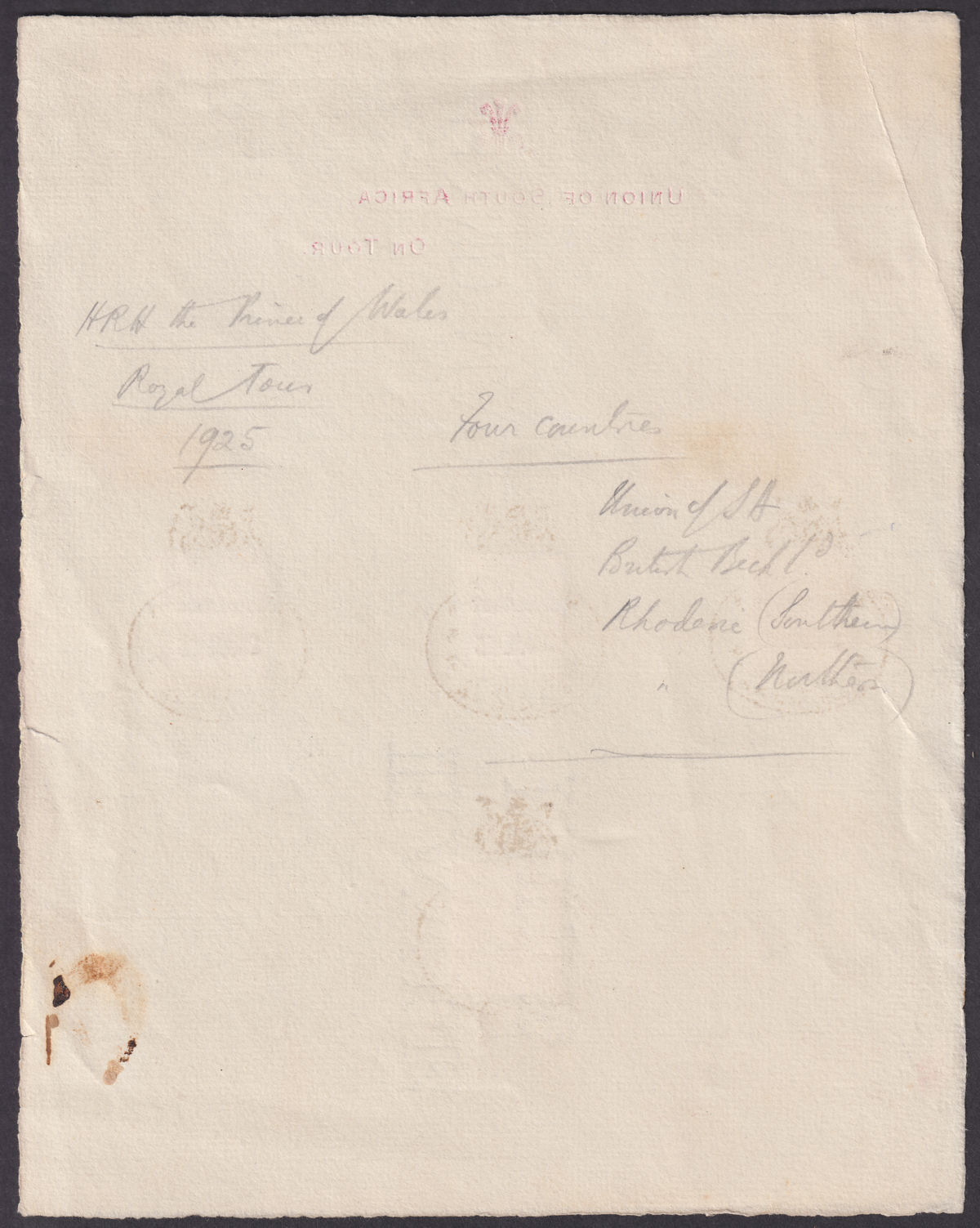 South Africa 1925 KGV Bechuanaland, N Rhodesia S Rhodesia 2d Used ROYAL TOUR Pmk