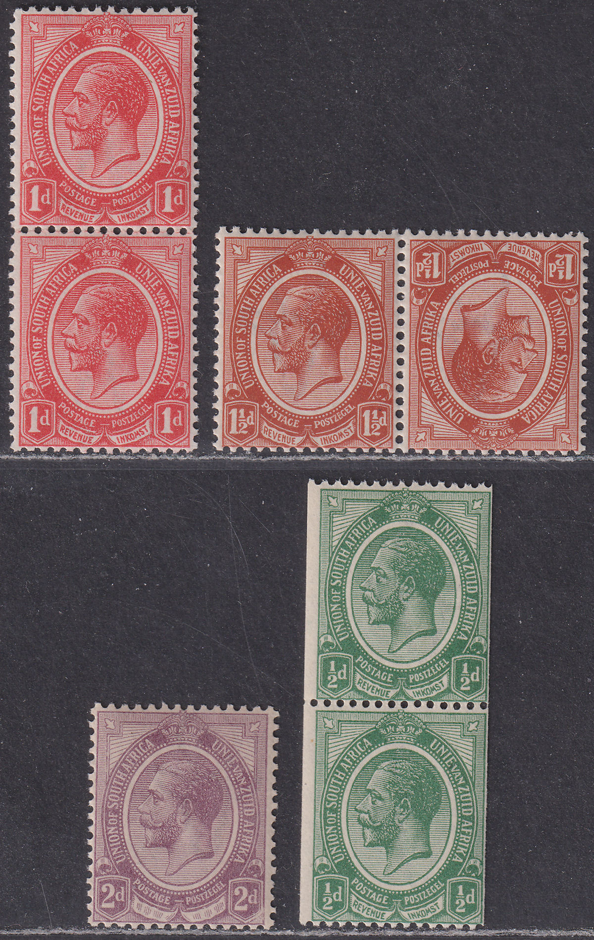 South Africa 1913 KGV Selection to 2d Mint inc wmk inverted, tete-beche