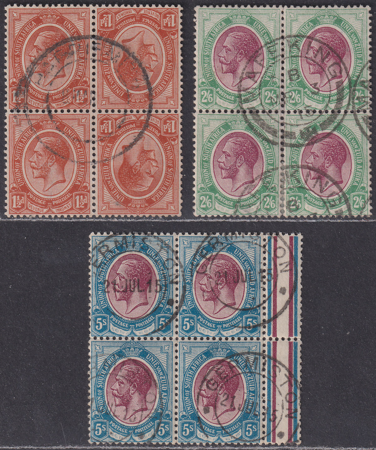 South Africa 1913 KGV 1½d Tete-Beche, 2sh6d, 5sh Blocks Used