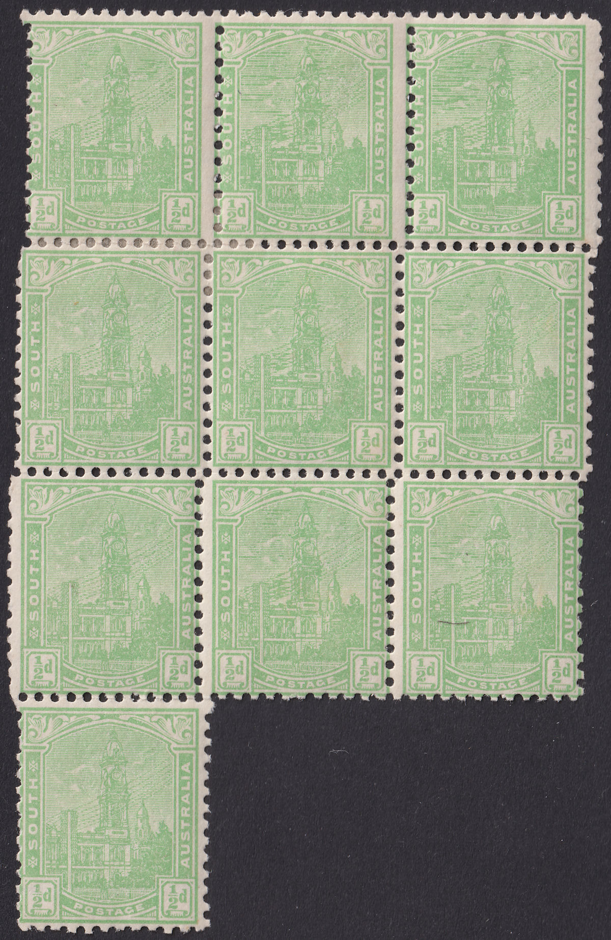 South Australia 1907 QV GPO ½d Pale Green Irregular Block 10 Mint SG293 cat £100