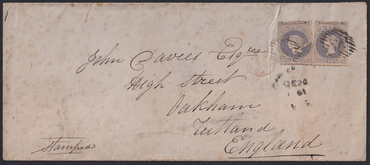 South Australia 1861 QV 6d Violet-Blue Roulette Pair Used on Cover to UK SG28