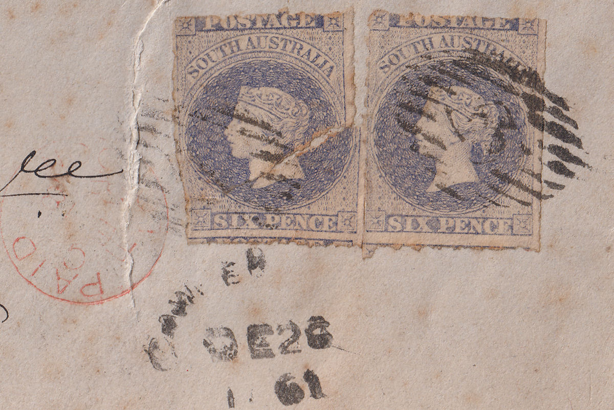 South Australia 1861 QV 6d Violet-Blue Roulette Pair Used on Cover to UK SG28