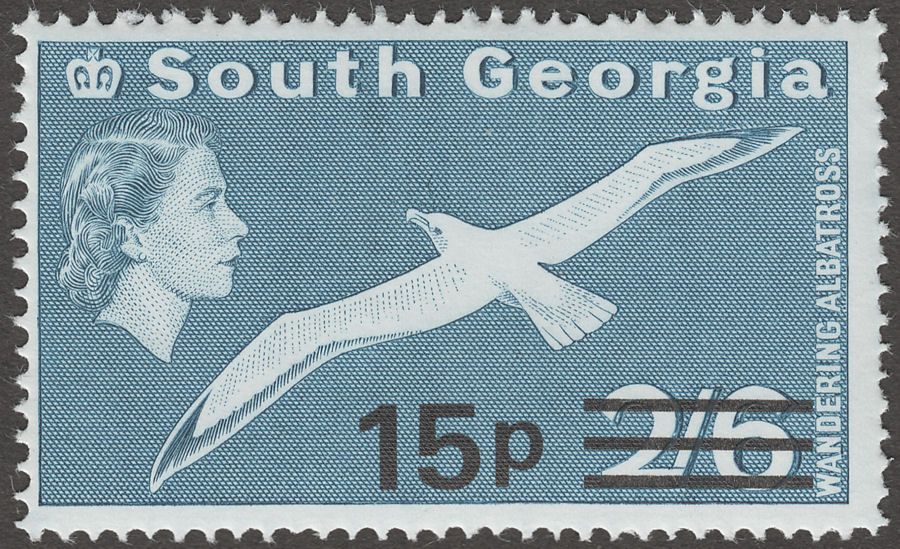 South Georgia 1977 Albatross 15p on 2sh6d wmk to Left CA Mint SG64 