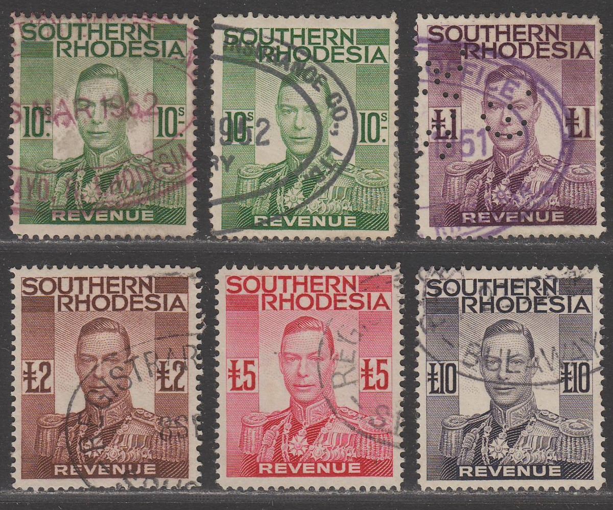 Southern Rhodesia 1937 KGVI Revenue Selection to £10 Used Fiscal