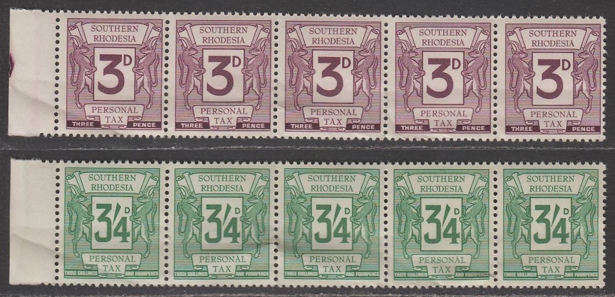 Southern Rhodesia 1964 QEII Personal Tax 3d, 4d Strips Mint Revenue w creasing