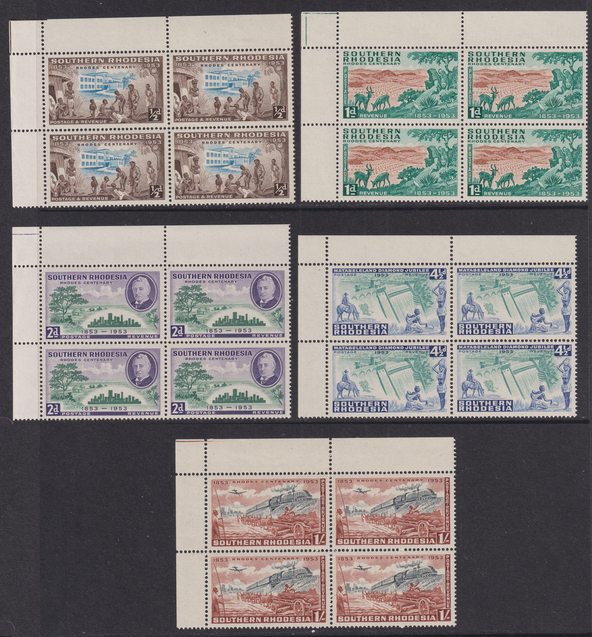 Southern Rhodesia 1953 QEII Birth Centenary Cecil Rhodes Block Set Mint SG71-75