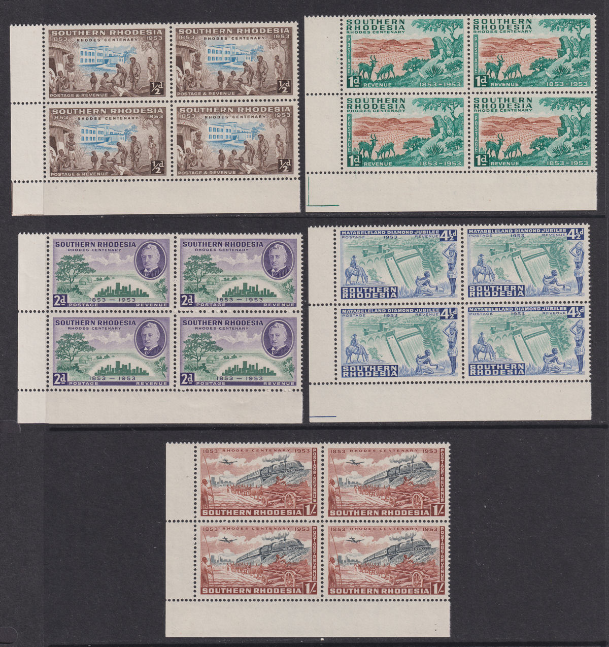 Southern Rhodesia 1953 QEII Birth Centenary Cecil Rhodes Block Set Mint SG71-75