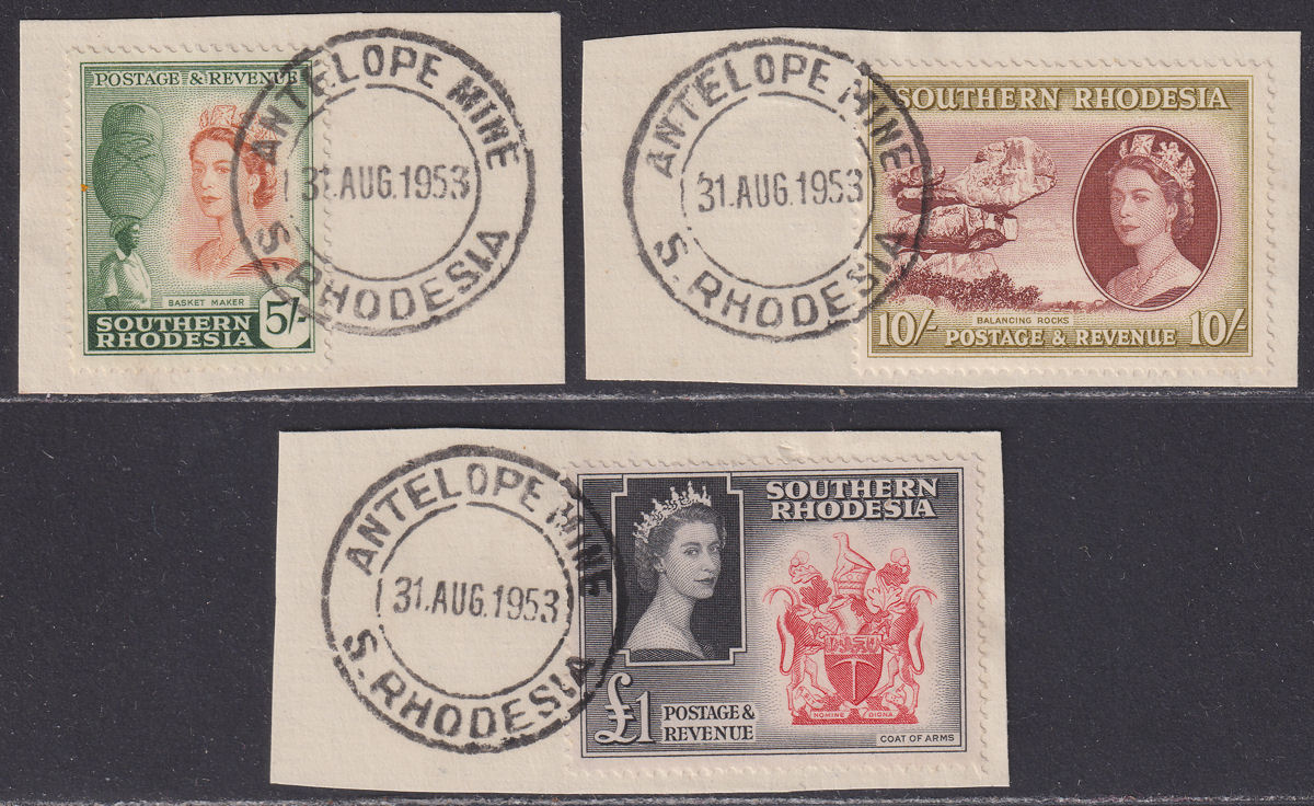 Southern Rhodesia 1953 QEII 5sh, 10sh, £1 Used ANTELOPE MINE First Day Postmarks