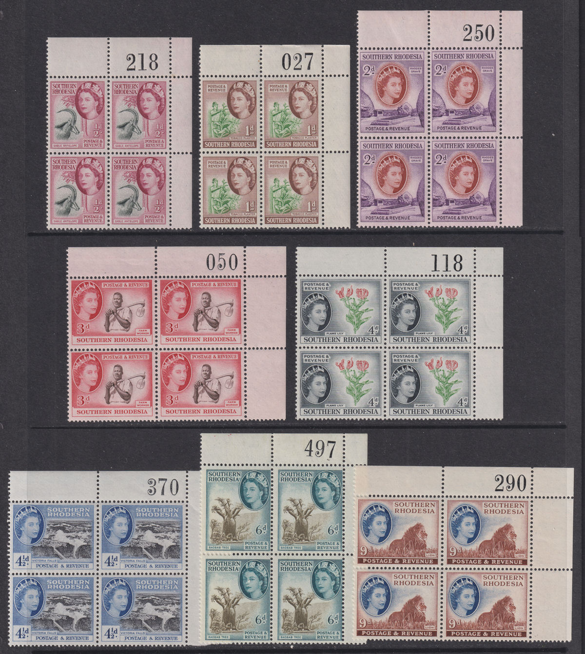 Southern Rhodesia 1953 QEII Sheet Number Block Set UM Mint SG78-91 cat £400+