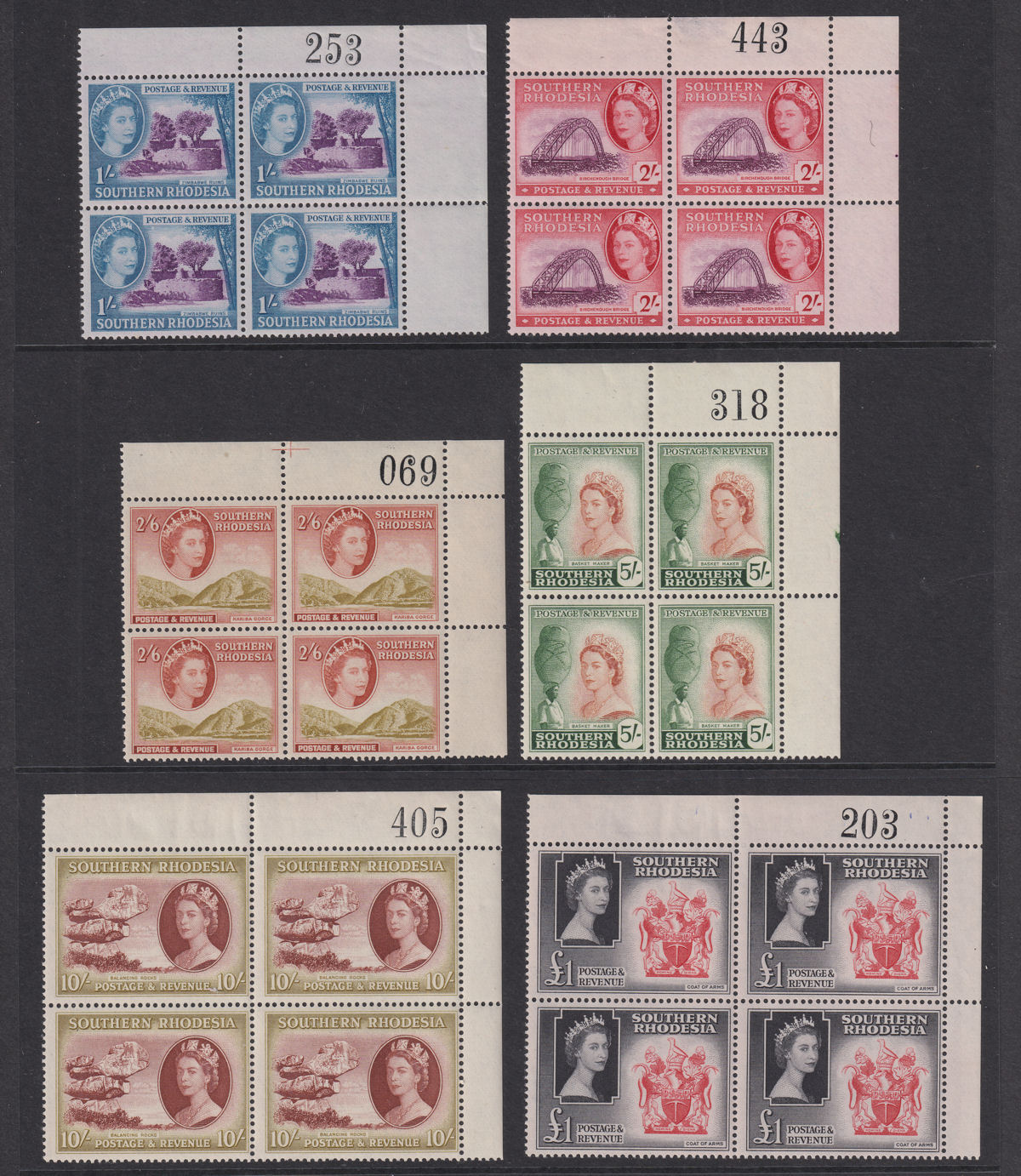 Southern Rhodesia 1953 QEII Sheet Number Block Set UM Mint SG78-91 cat £400+