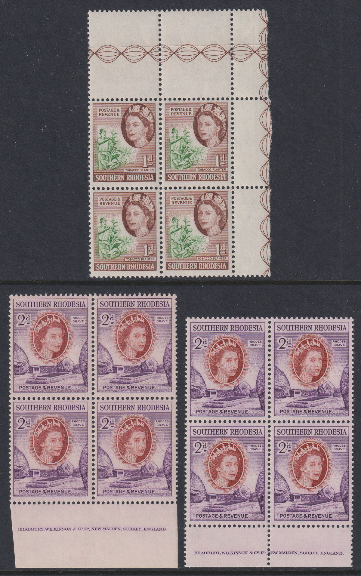 Southern Rhodesia 1953 QEII 1d, 2d Imprint + Marginal Blocks of 4 Mint SG79-80