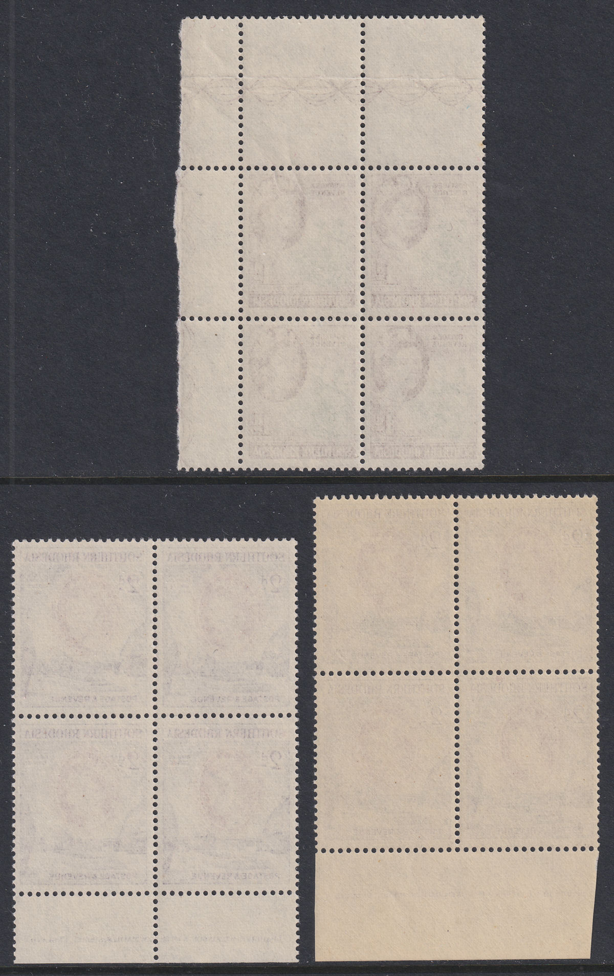 Southern Rhodesia 1953 QEII 1d, 2d Imprint + Marginal Blocks of 4 Mint SG79-80