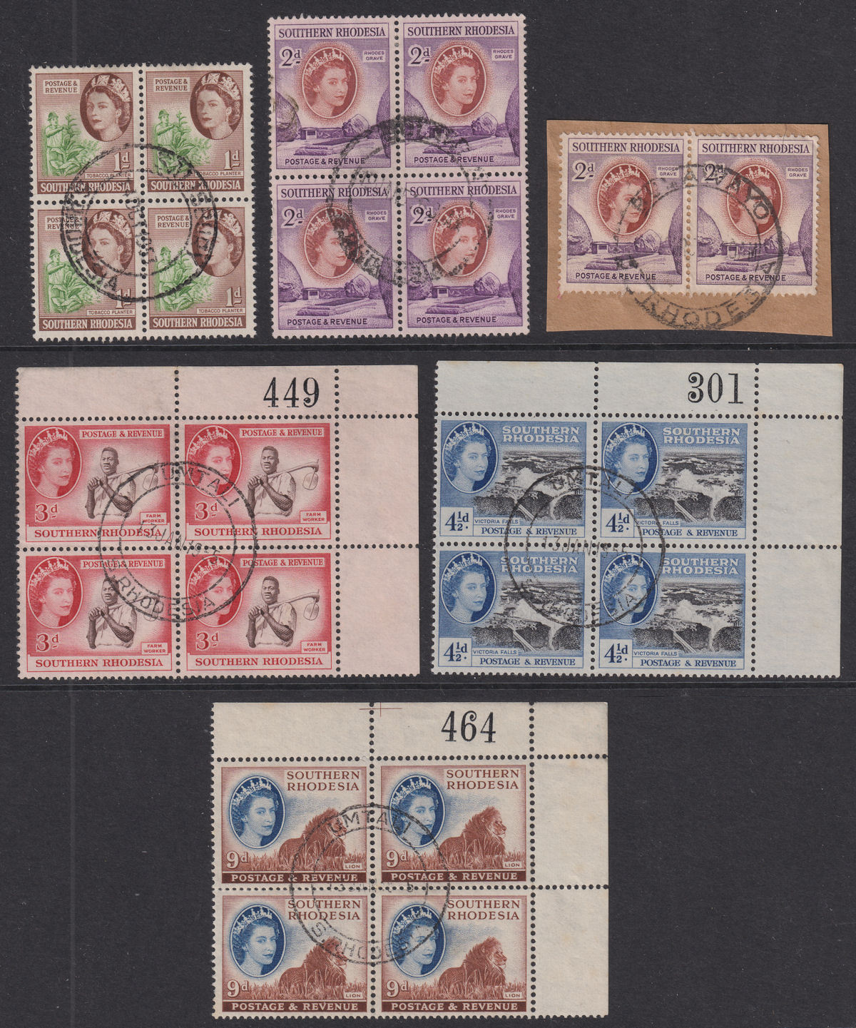 Southern Rhodesia 1953 Queen Elizabeth II Part Block Set to 9d Used inc Sheet No