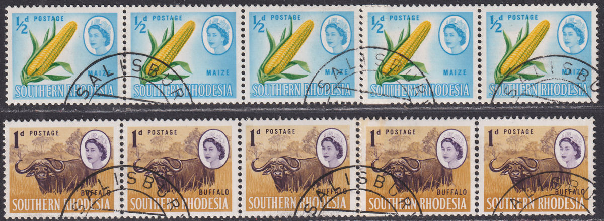 Southern Rhodesia 1964 QEII ½d, 1d Coil Join Strips of 5 Used SG92-93