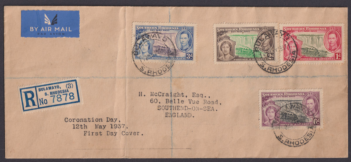 Southern Rhodesia 1937 KGVI Coronation Regd First Day Cover BULAWAYO to UK
