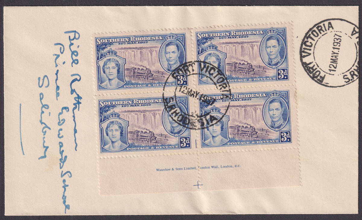Southern Rhodesia 1937 KGVI Coronation 3d x4 First Day Cover w FORT VICTORIA Pmk
