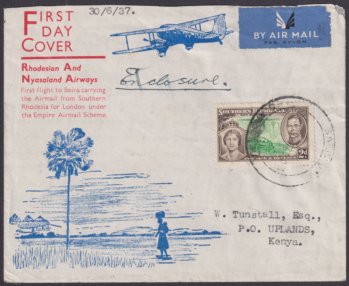 Southern Rhodesia 1937 KGVI 2d First Flight Beira Cover Used SALISBURY to Kenya