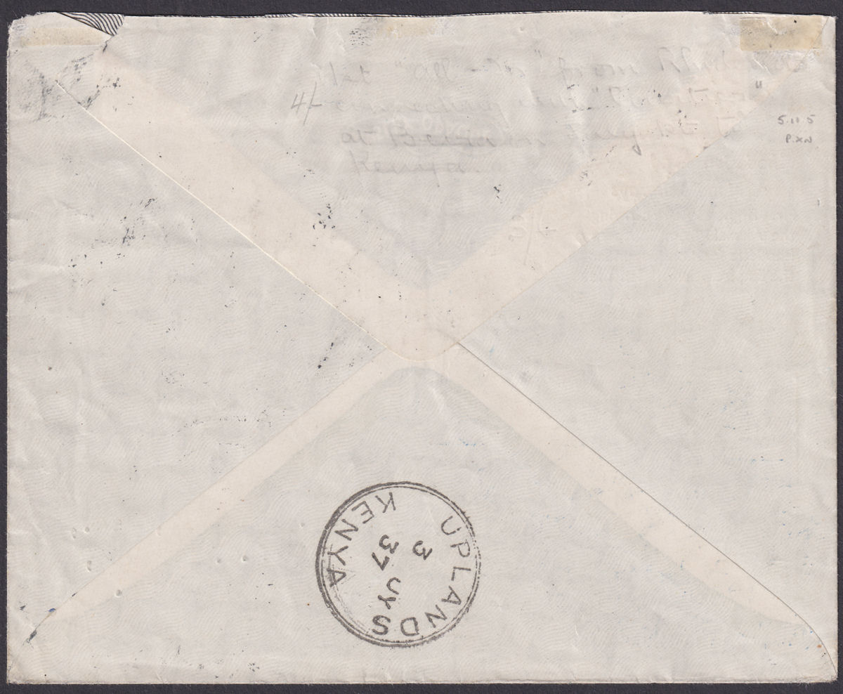 Southern Rhodesia 1937 KGVI 2d First Flight Beira Cover Used SALISBURY to Kenya