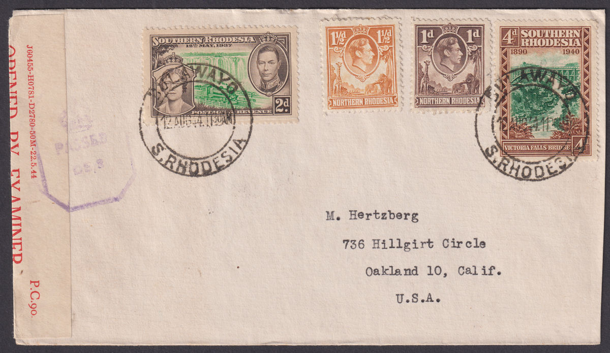 Southern Rhodesia 1944 KGVI 4d, 2d Used on Cover BULAWAYO to USA w Censor Mark