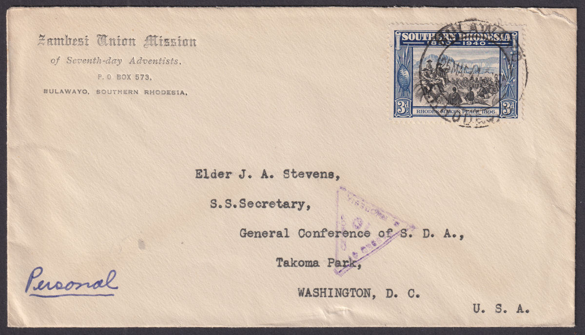 Southern Rhodesia 1941 KGVI 3d Used on Mission Cover BULAWAYO to USA Censor Mark