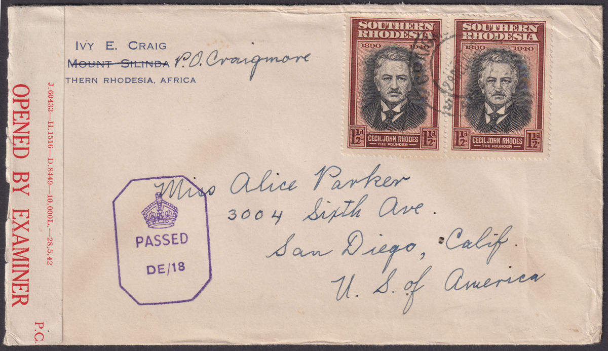 Southern Rhodesia 1942 KGVI 1½d x2 Used on Cover CRAIGMORE to USA w Censor Mark