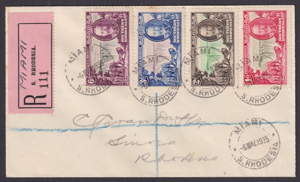 Southern Rhodesia 1935 KGV Silver Jubilee Registered First Day Cover w MIAMI Pmk