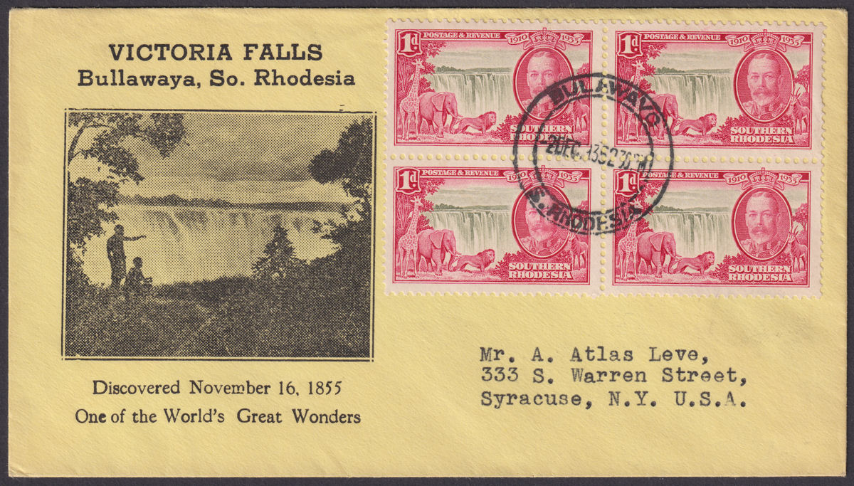 Southern Rhodesia 1935 KGV Silver Jubilee 1d x 4 Block Used Victoria Falls Cover