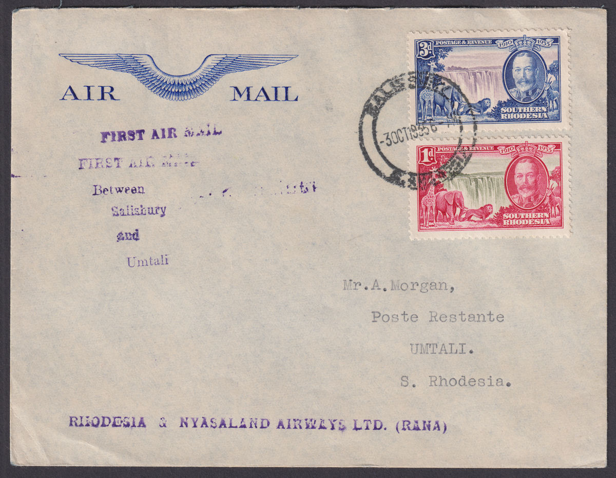Southern Rhodesia 1935 KGV 3d and 1d First Flight Cover Used SALISBURY to UMTALI