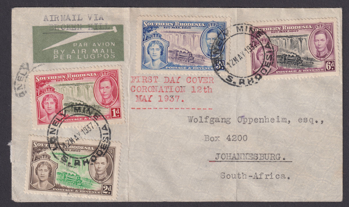 Southern Rhodesia 1937 KGVI Coronation First Day Cover LONELY MINE to S. Africa 