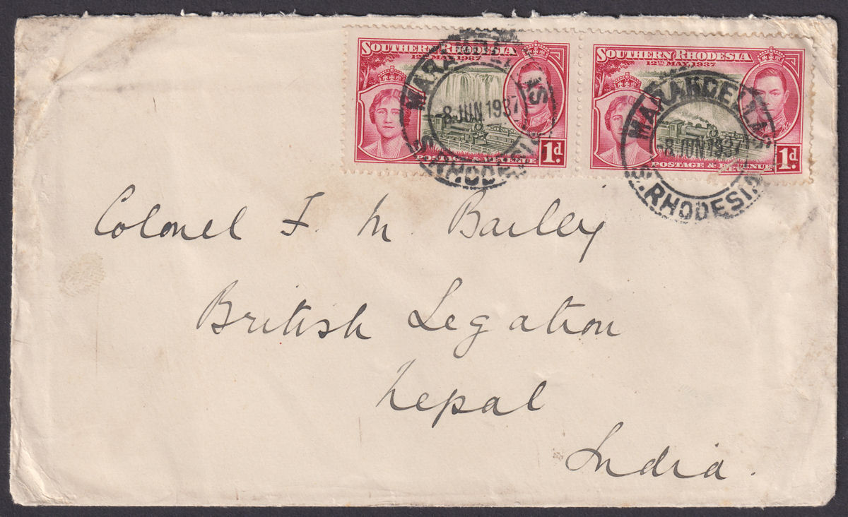 Southern Rhodesia 1937 KGVI 1d pair Used on Cover MARANDELLAS to Nepal, India