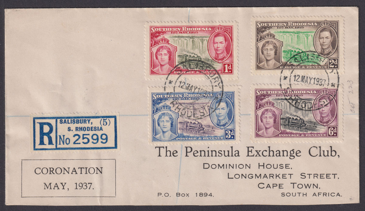 Southern Rhodesia 1937 KGVI Coronation Regd First Day Cover SALISBURY to S.A.