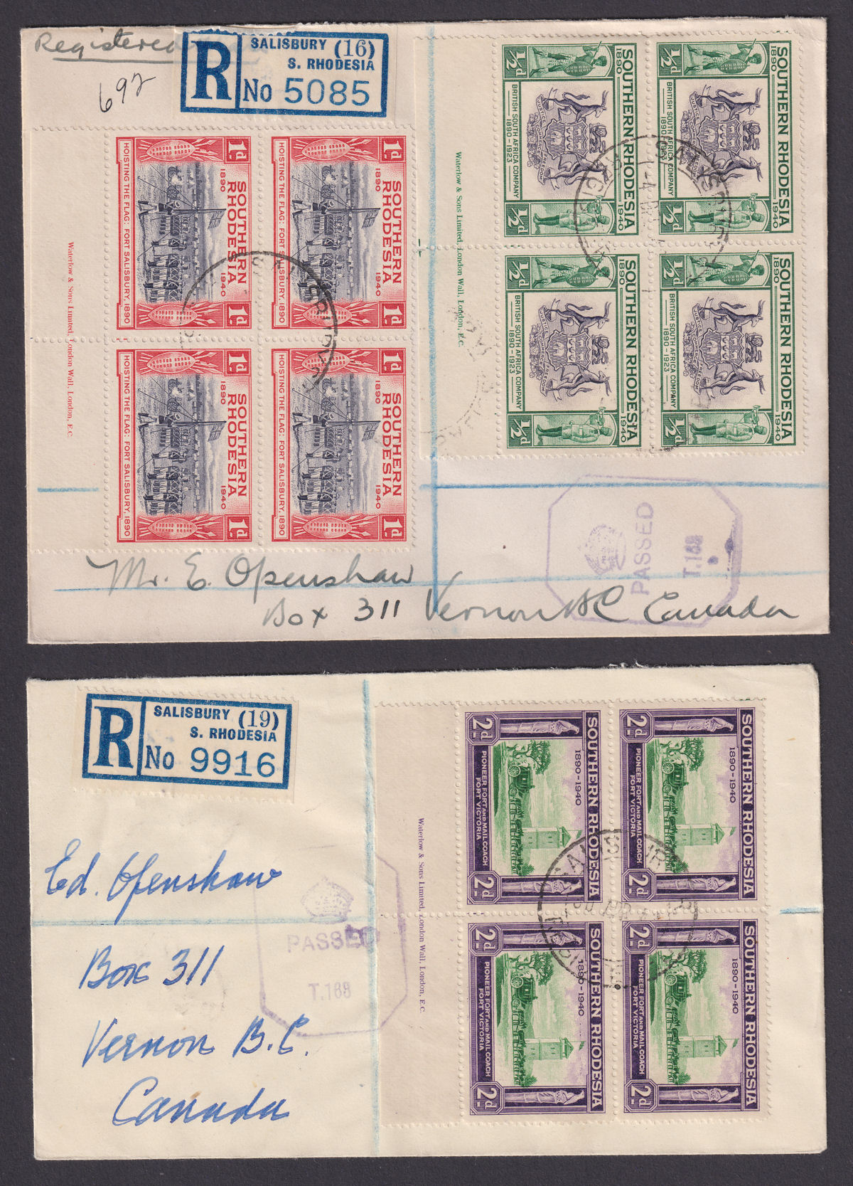 Southern Rhodesia 1941-43 KGVI BSAC Golden Jubilee Registered Imprint Set Covers