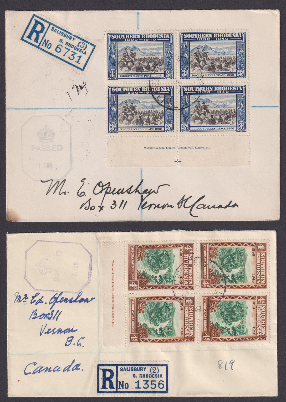 Southern Rhodesia 1941-43 KGVI BSAC Golden Jubilee Registered Imprint Set Covers
