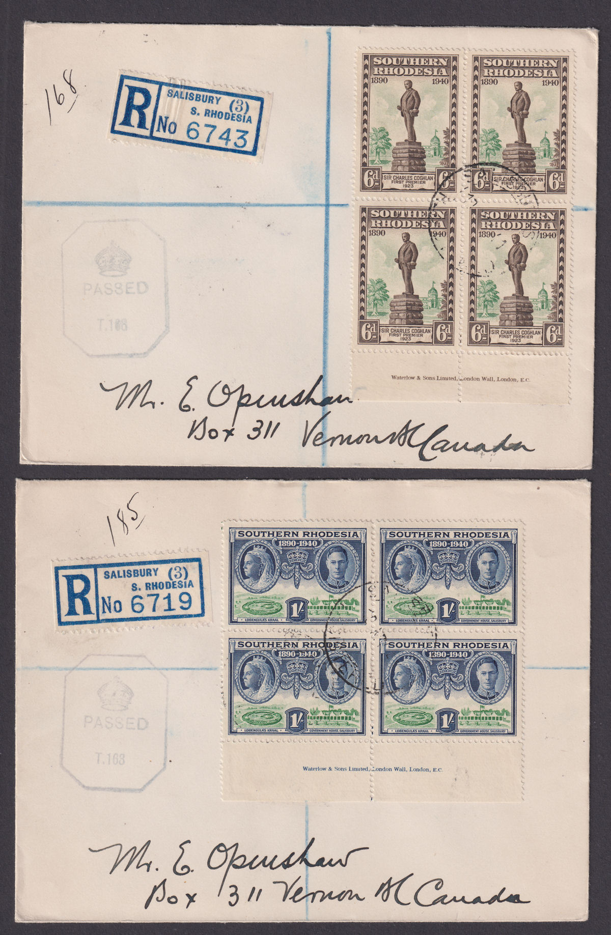 Southern Rhodesia 1941-43 KGVI BSAC Golden Jubilee Registered Imprint Set Covers