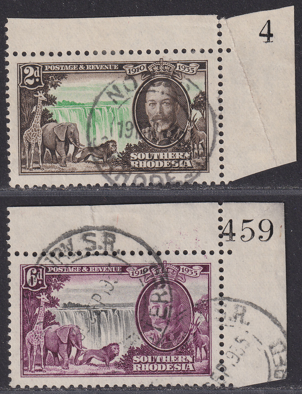 Southern Rhodesia 1935 KGV Silver Jubilee Sheet No 2d, 6d Used SG32 SG34 cat £36