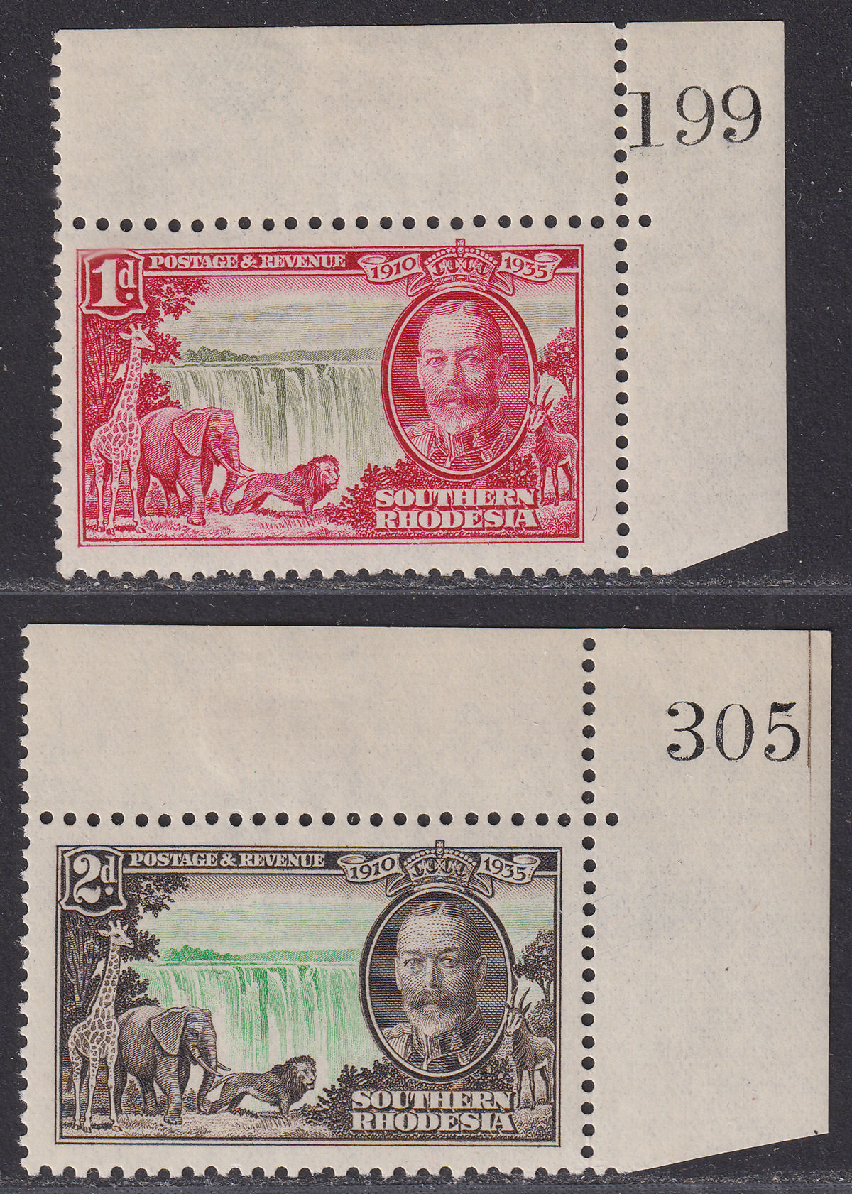 Southern Rhodesia 1935 KGV Silver Jubilee Sheet Number 1d, 2d Mint SG31-32