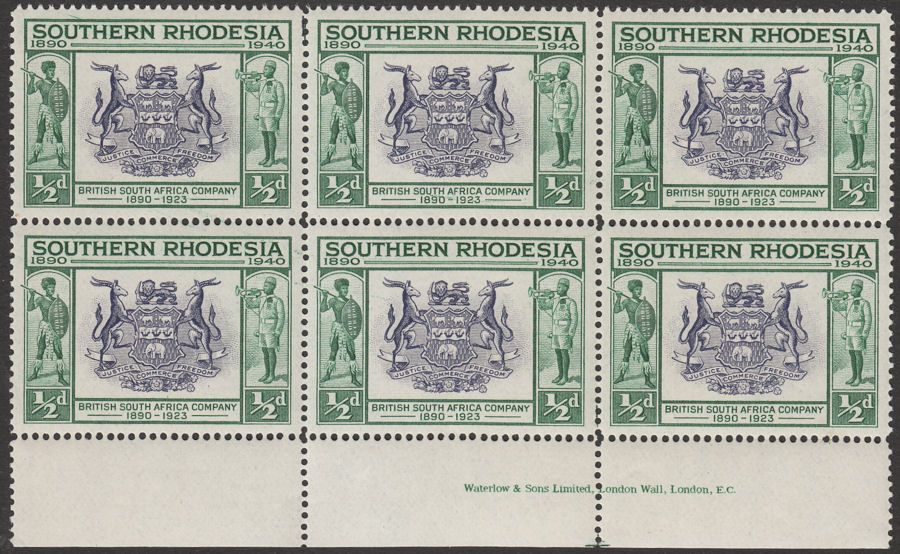 Southern Rhodesia 1940 KGVI BSAC Jubilee ½d Imprint Block of 6 Mint Set SG53