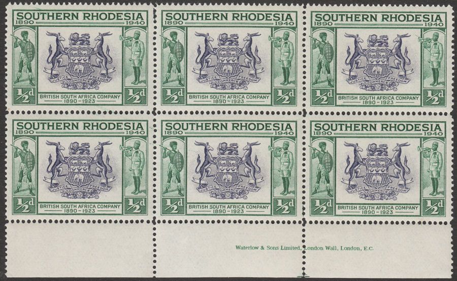 Southern Rhodesia 1940 KGVI BSAC Jubilee ½d Imprint Block of 6 Mint Set SG53