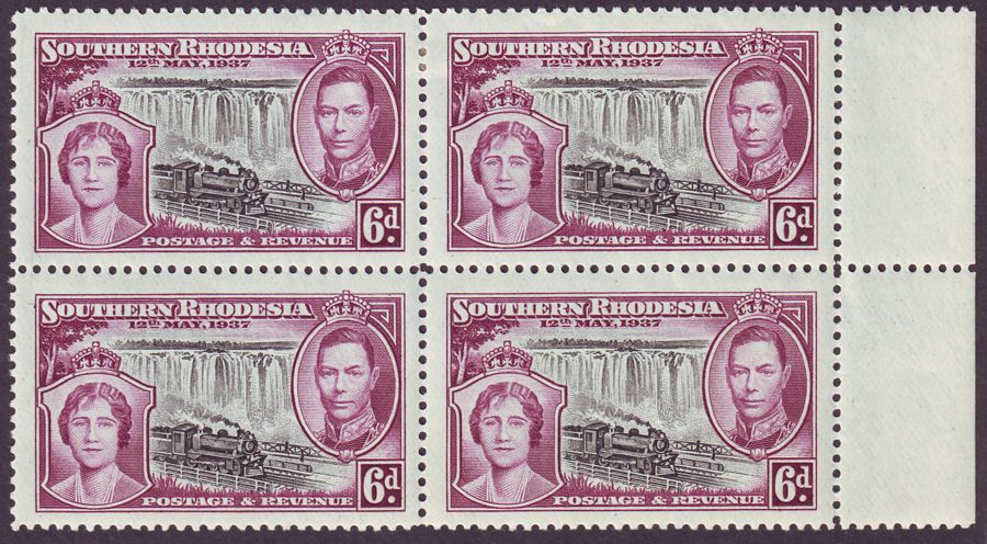 Southern Rhodesia 1937 KGVI Coronation 6d Marginal Block of Four SG39